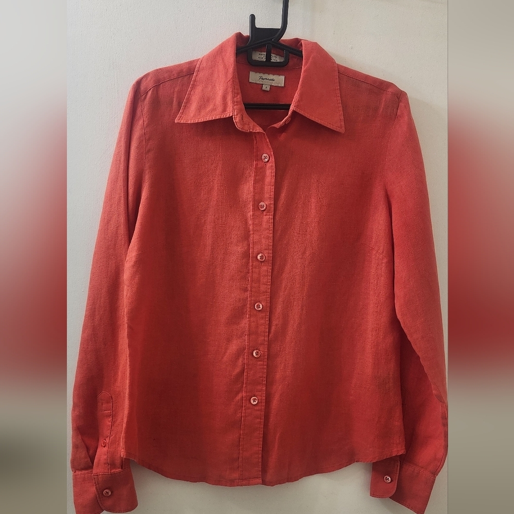 Faconnable Red-Orange Button-up Shirt, Size Small, Linen.